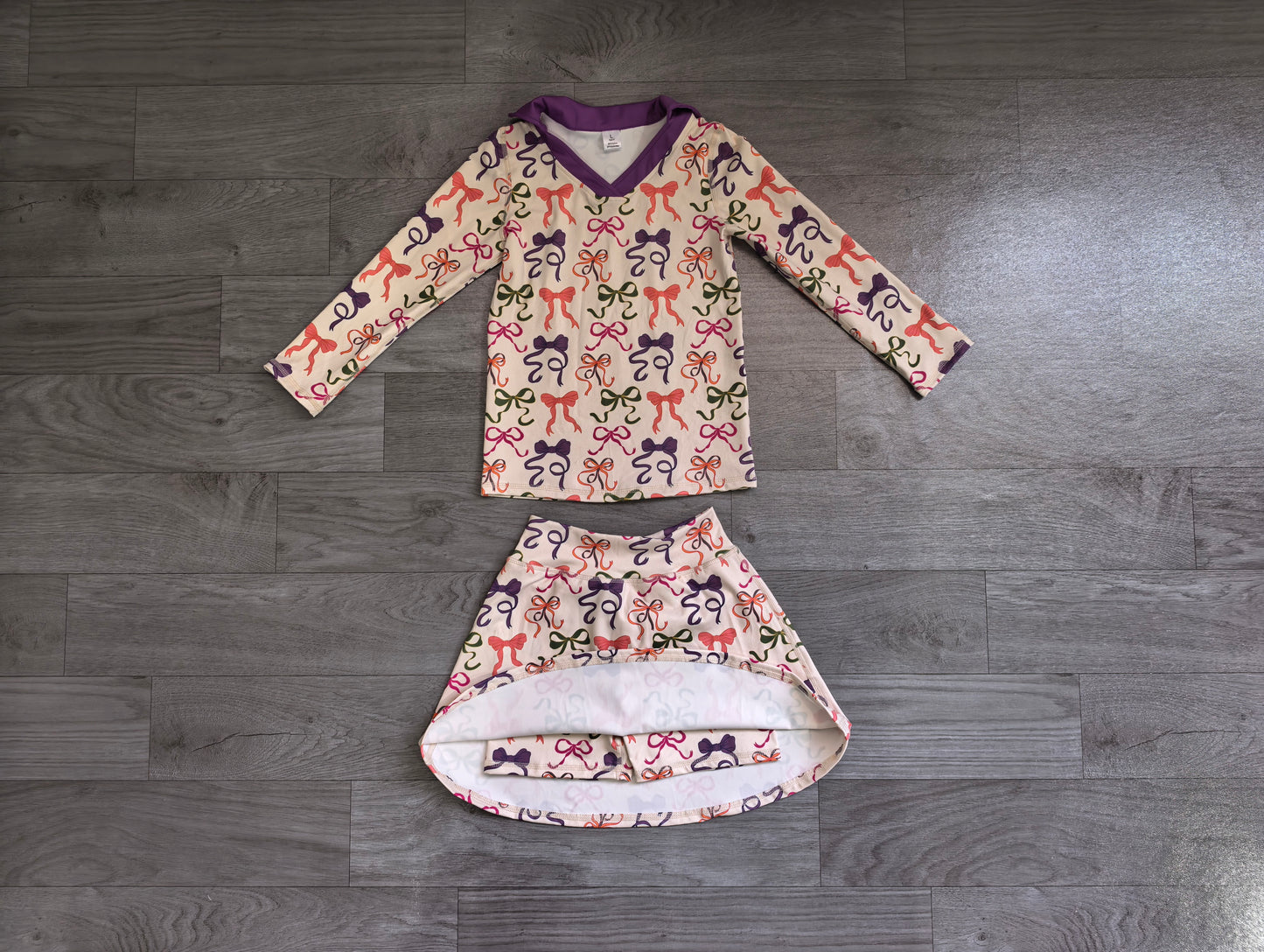 preorder Samples GLD1632 Colorful Bows Long Sleeve Skorts Girls Set