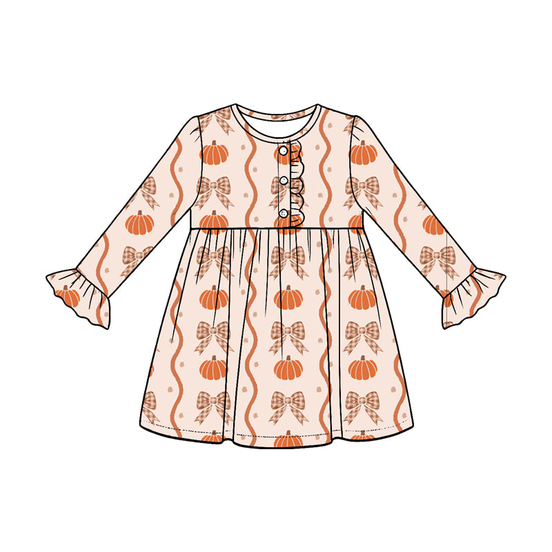 preorder GLD1636 Pumpkin Bows Long Sleeve Girls Dress