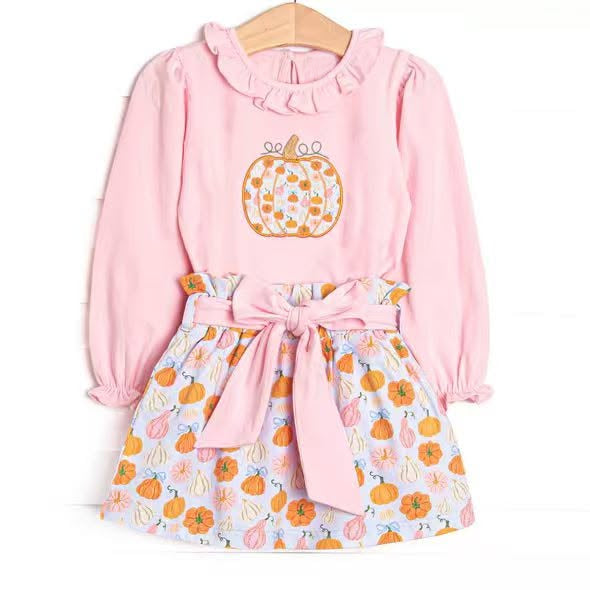 preorder GLD1641 Pumpkin Pink Long Sleeve Skirt Girls Set