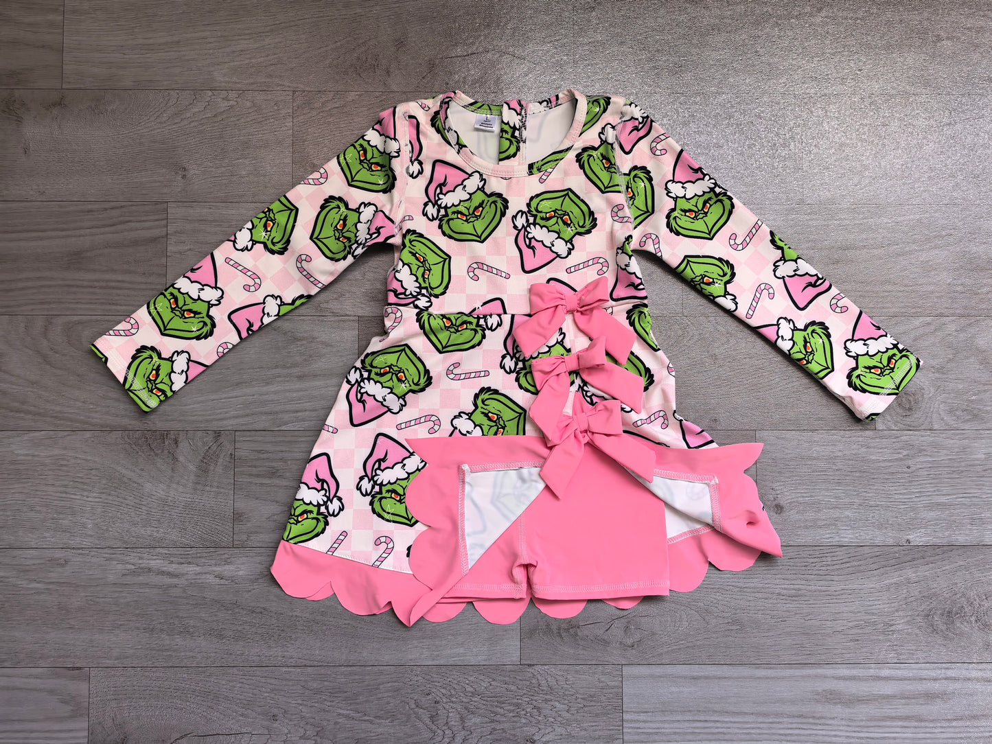 preorder Samples GLD1651 Yoga Christmas Green Face Bows Pink Long Sleeve Girls Dress