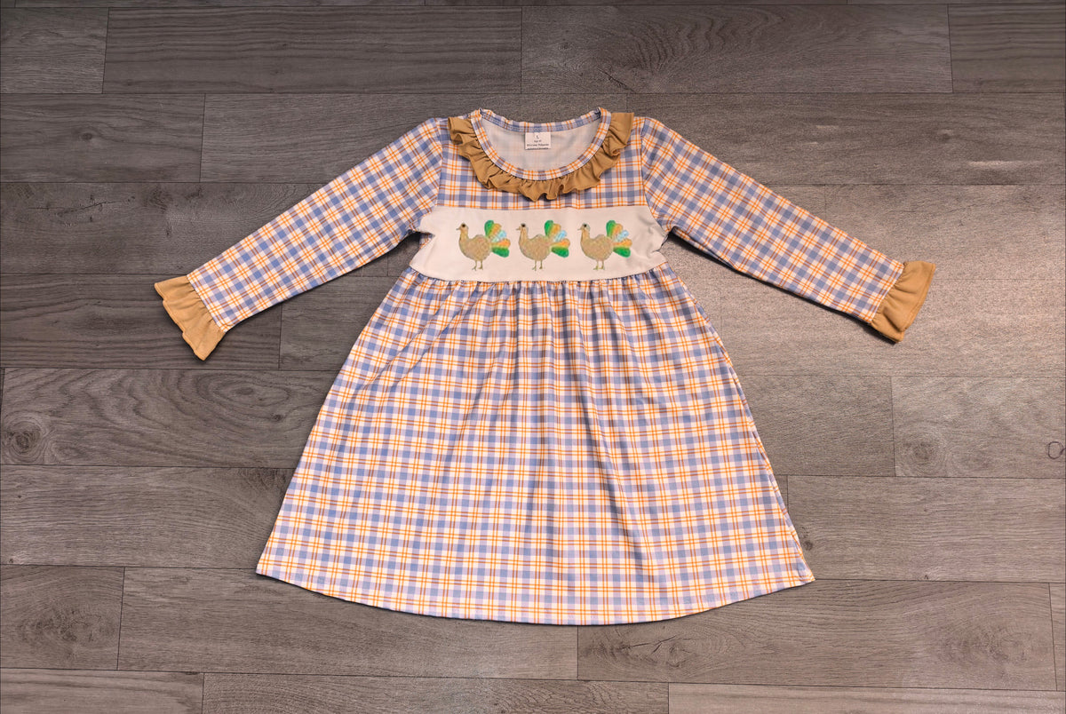 preorder Samples GLD1667 Turkey Blue Checkered Long Sleeve Girls Dress