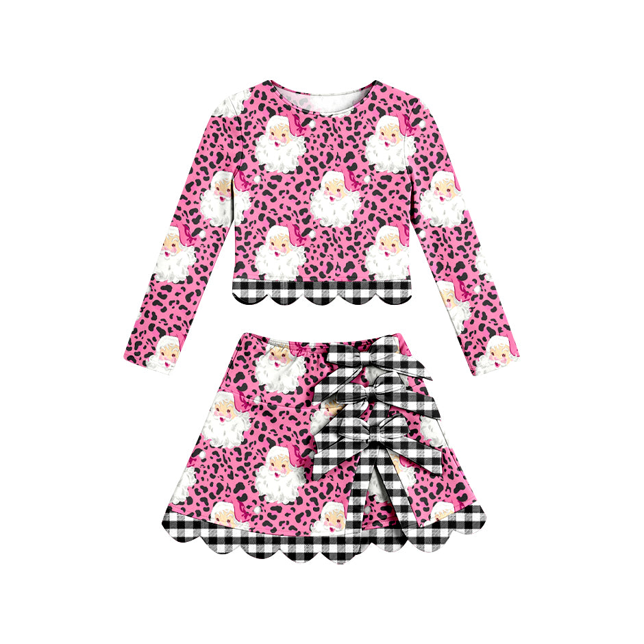 preorder GLD1675 Yoga Scallop Christmas Santa Leopard Long Sleeve Bows Skorts Girls Set