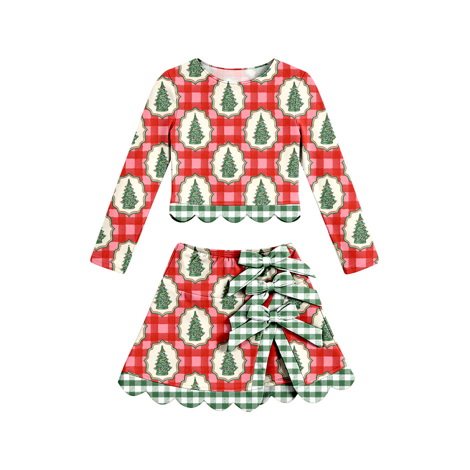 preorder GLD1678 Yoga Scallop Christmas Tree Checkered Long Sleeve Bows Skorts Girls Set