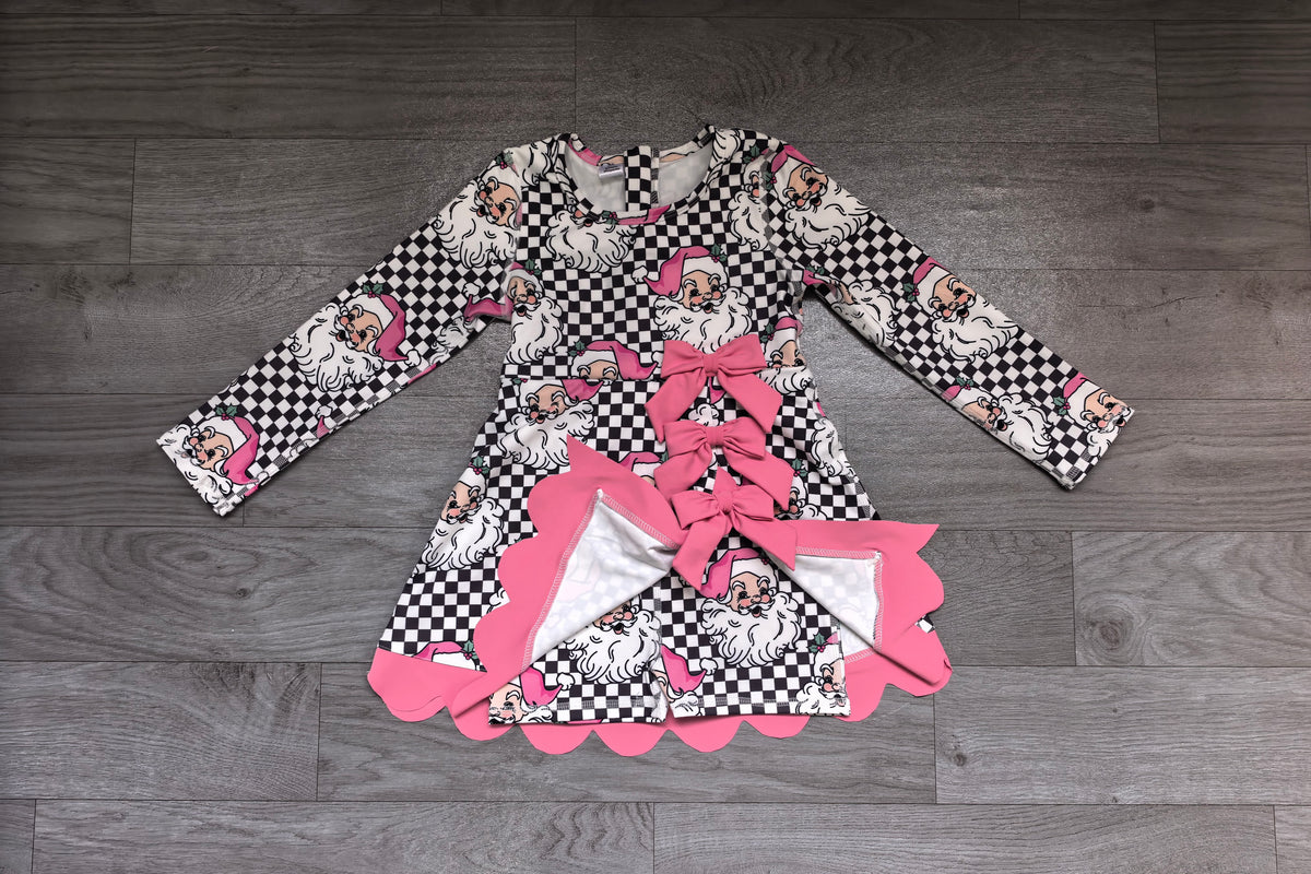preorder Samples GLD1680 Christmas Santa Checkered Bows Skorts Long Sleeve Girls Dress