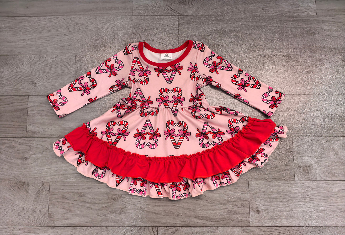 preorder Samples GLD1695 Christmas Candy Cane Bows Long Sleeve Girls Dress