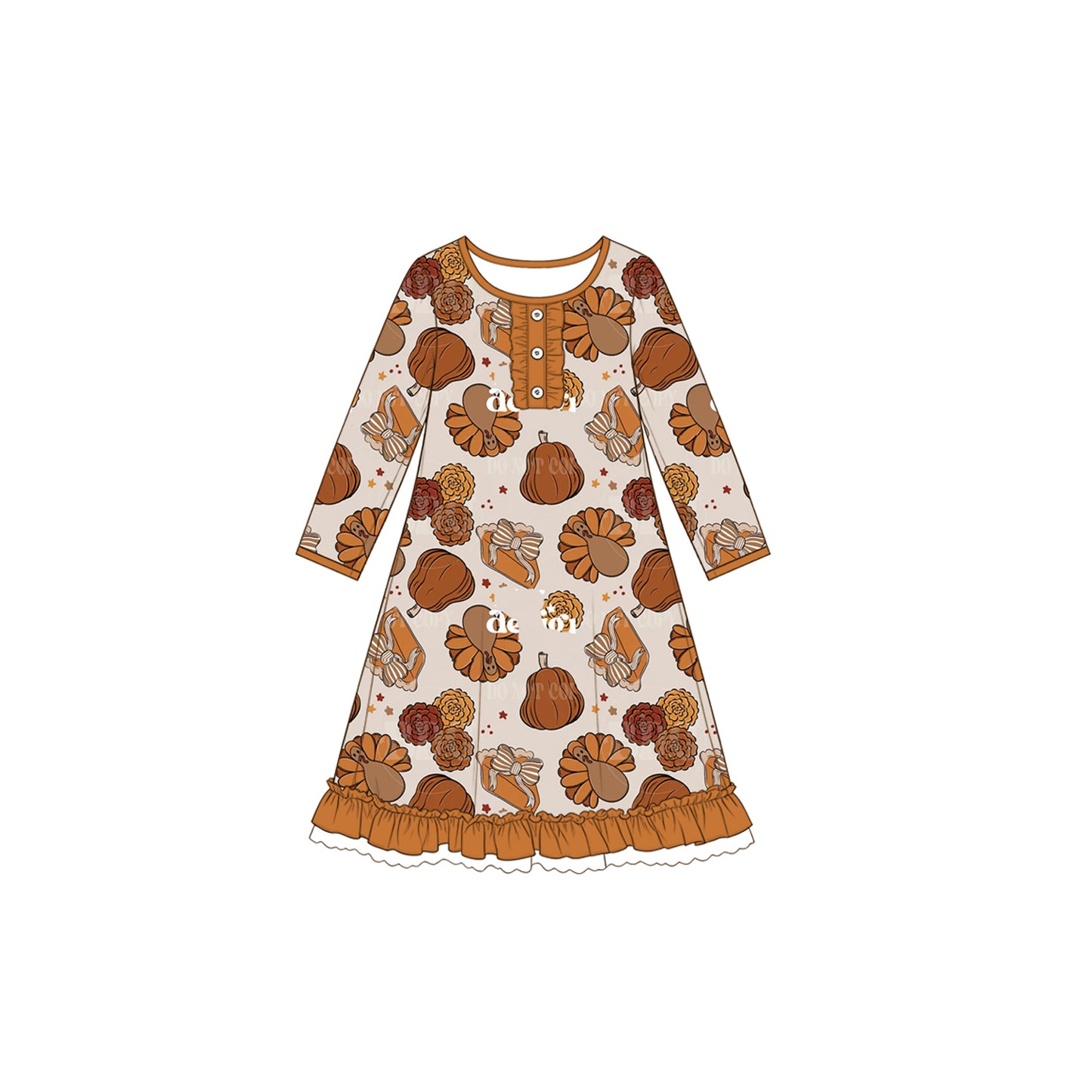 preorder GLD1706 Thanksgiving Turkey Pumpkin Long Sleeve Girls Dress