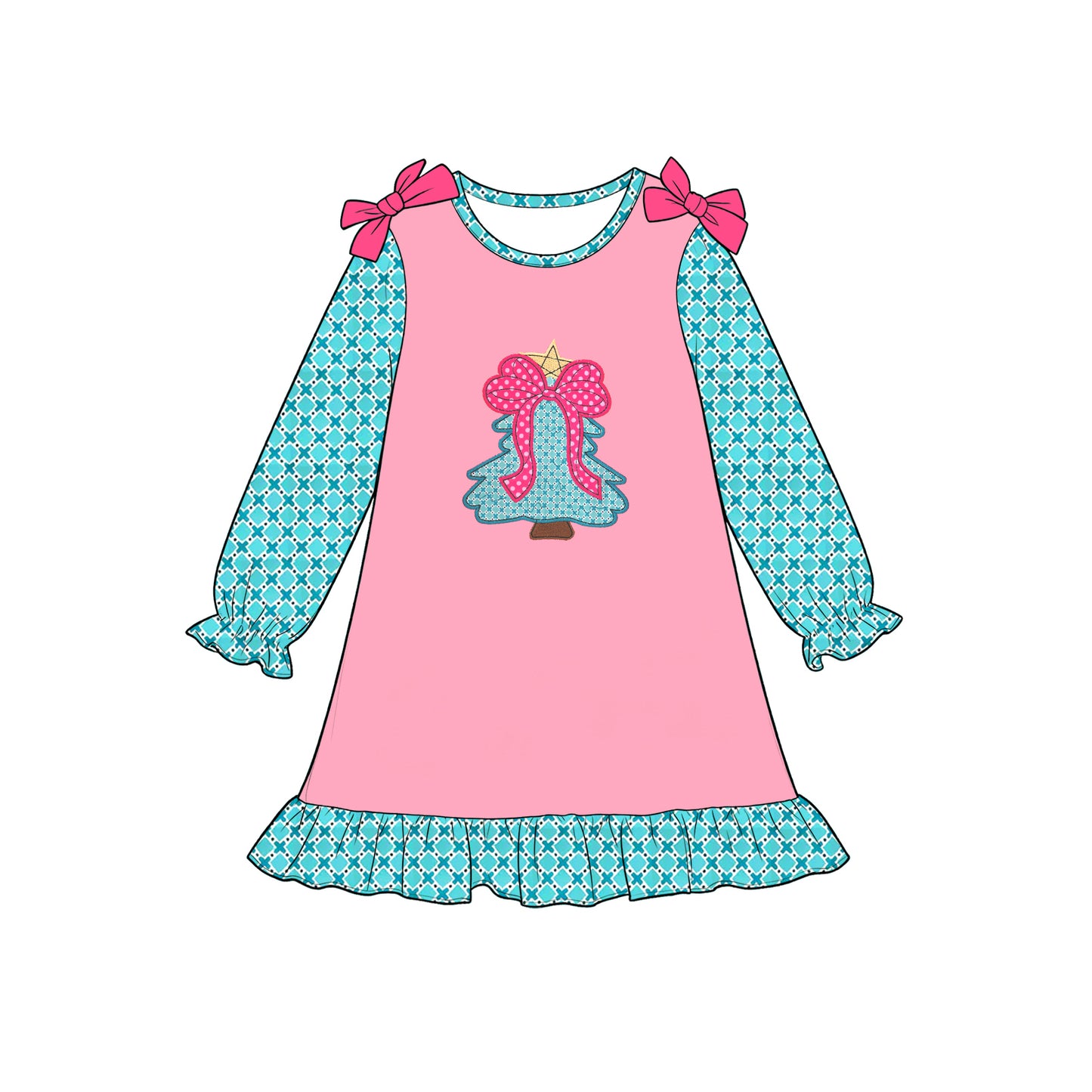 preorder GLD1712 Christmas tree Long Sleeve Girls Dress