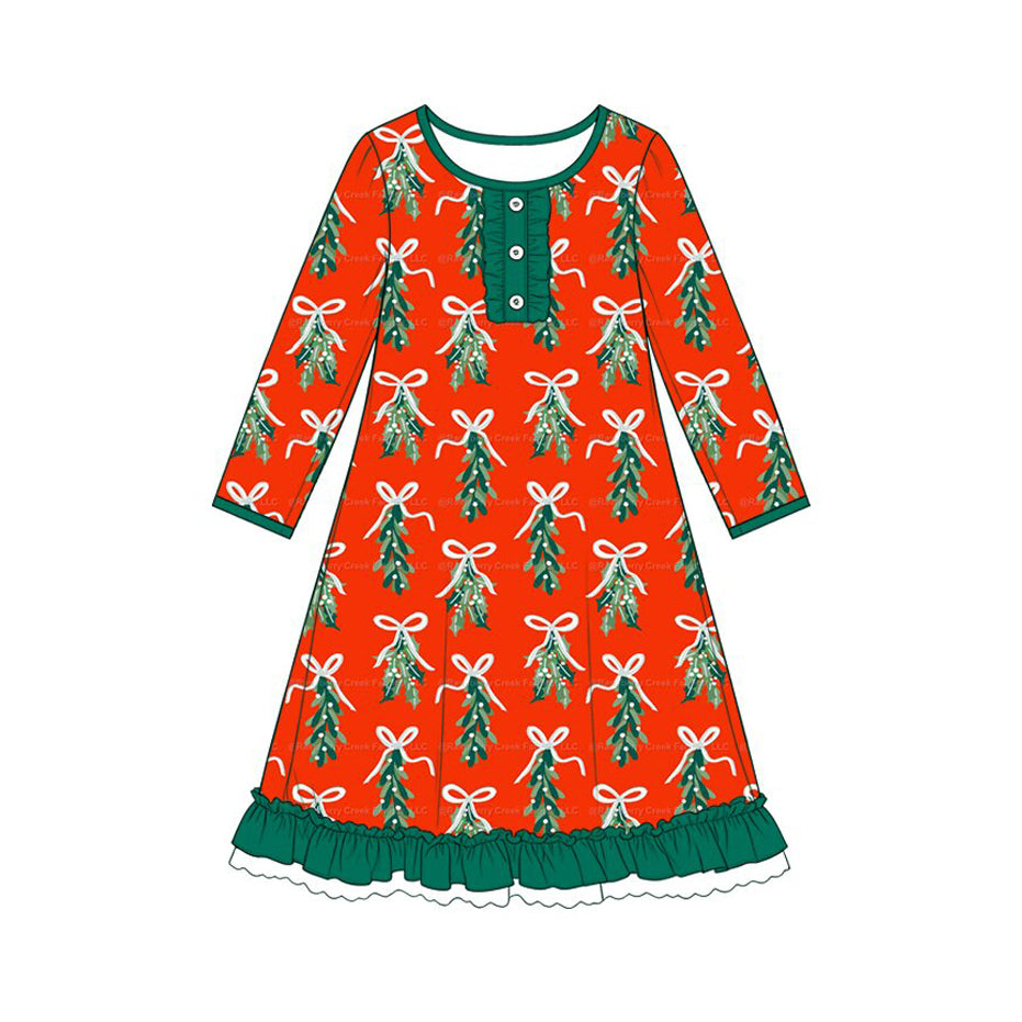 preorder GLD1718 Christmas Tree Bows Red Long Sleeve Girls Dress