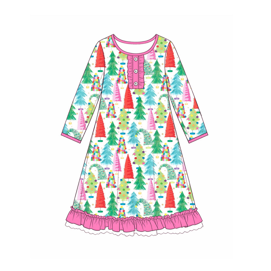 preorder GLD1727 Christmas Colorful Tree Long Sleeve Girls Dress
