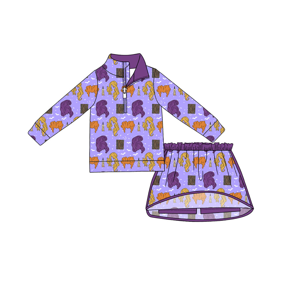preorder GLD1729 Halloween Witch Purple Zipper Long Sleeve Skorts Girls Set