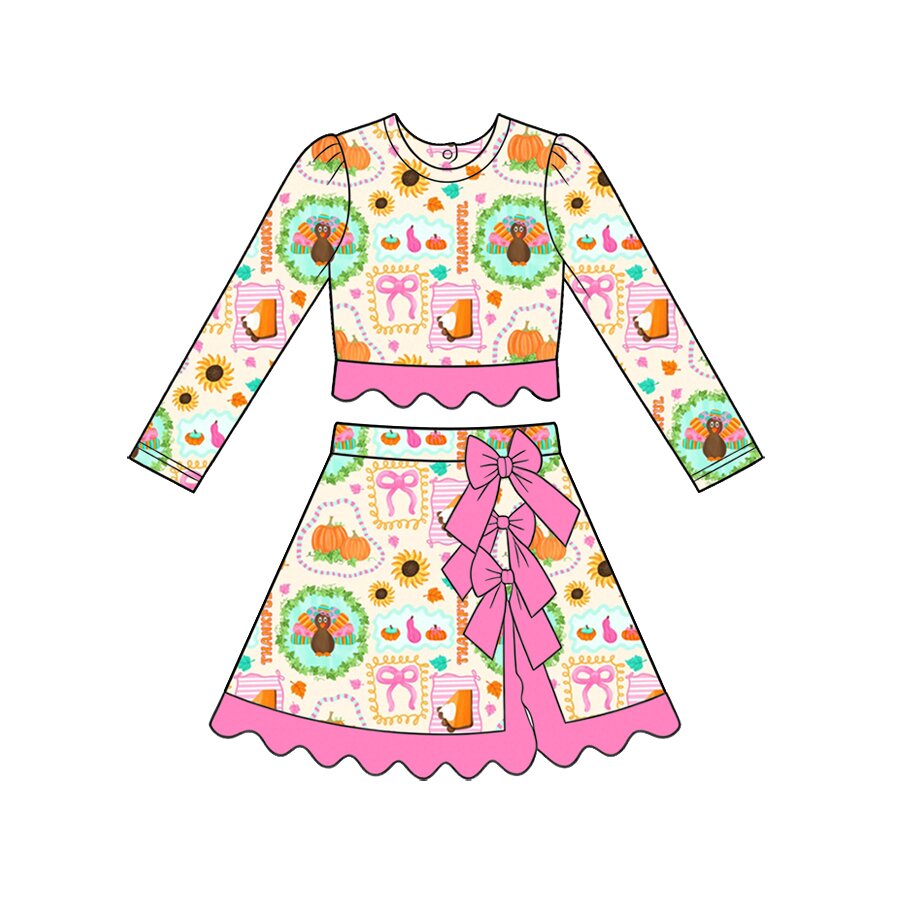 preorder GLD1733 Yoga Scallop Thanksgiving Turkey Long Sleeve Bows Skorts Girls Set