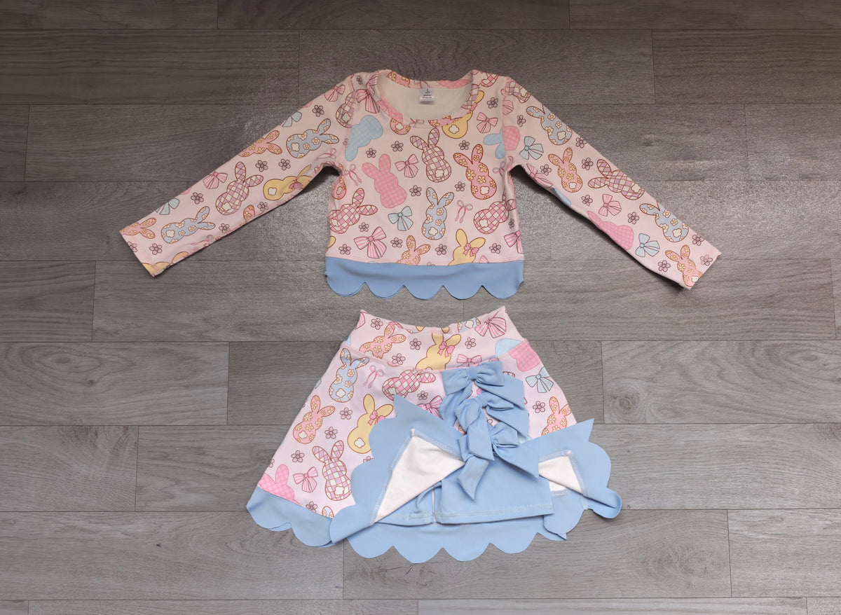 preorder Samples GLD1578 Easter Peep Flowers Blue Long Sleeve Bows Skorts Girls Set