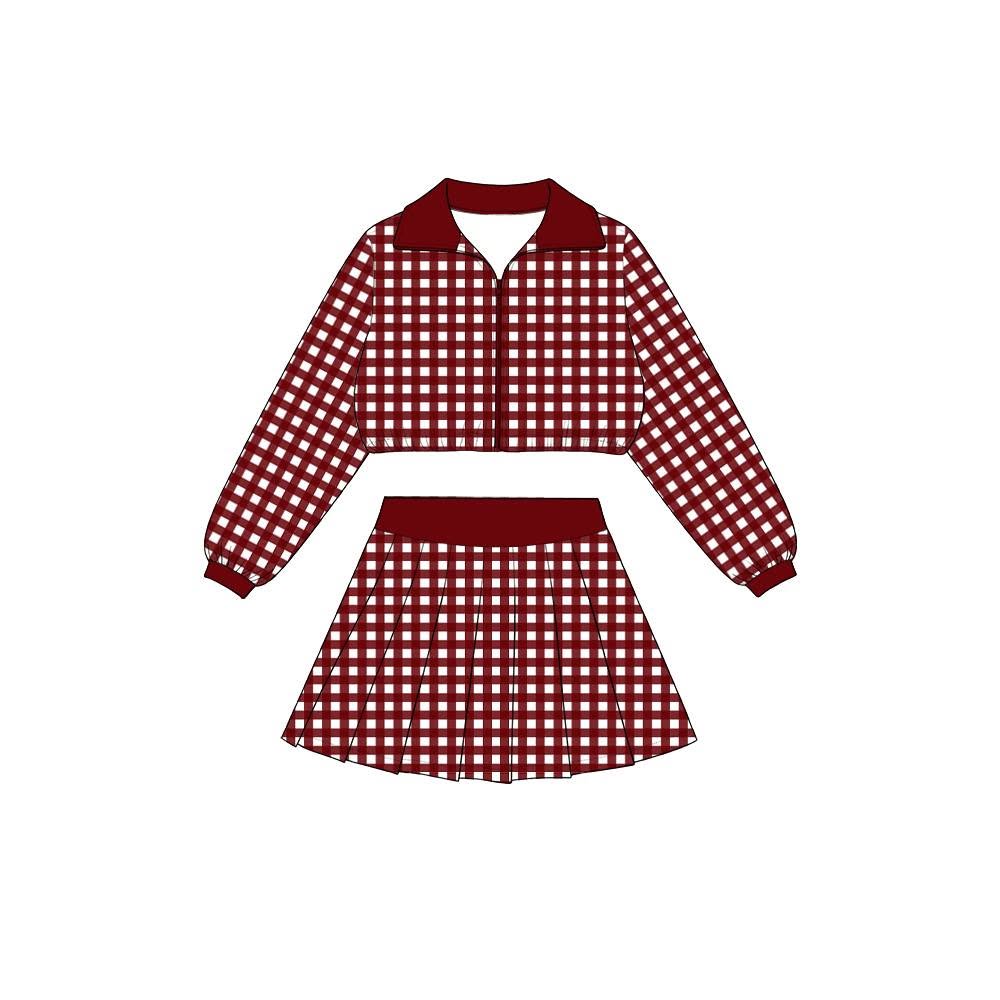 preorder GLD1740 Dark Red Checkered Zipper Long Sleeve Skorts Girls Set