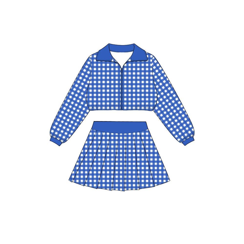 preorder GLD1744 Blue Checkered Zipper Long Sleeve Skorts Girls Set