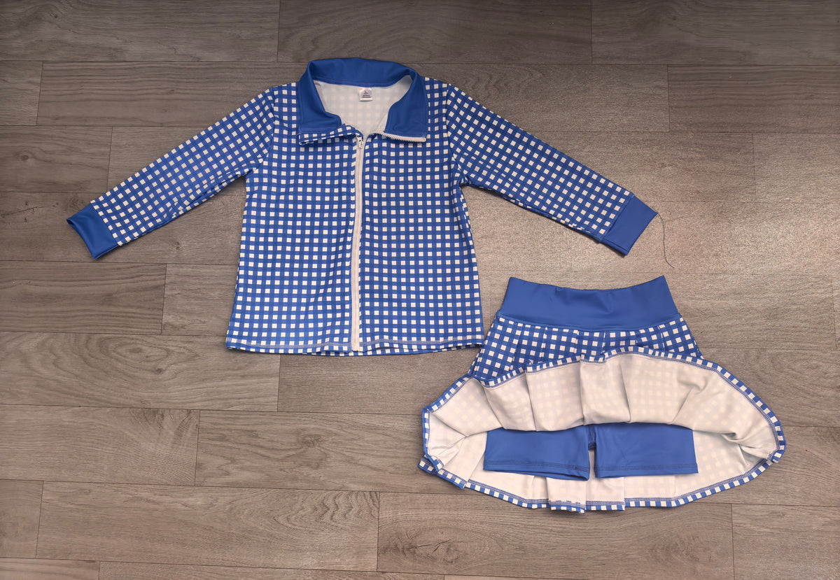 preorder Samples GLD1744 Blue Checkered Zipper Long Sleeve Skorts Girls Set