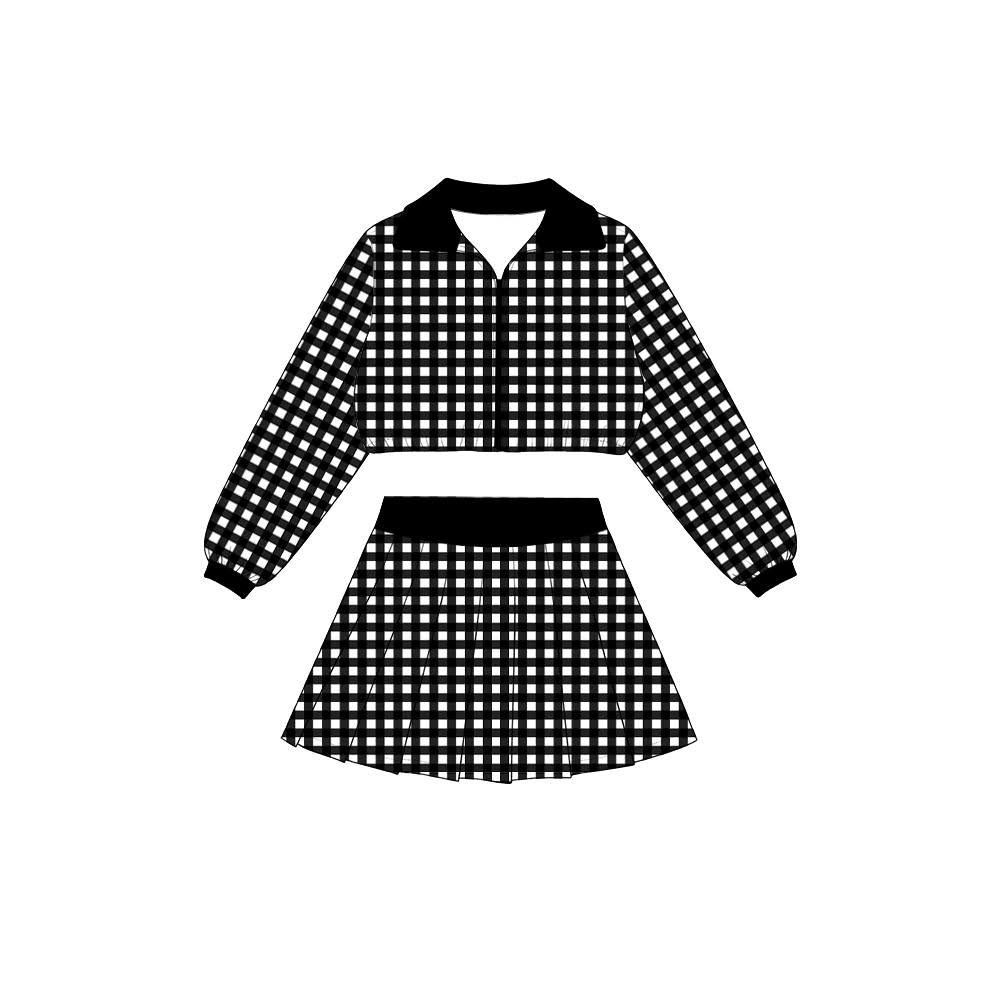 preorder GLD1746 Black Checkered Zipper Long Sleeve Skorts Girls Set
