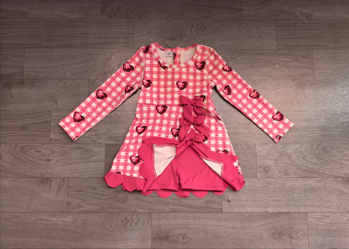 preorder Samples GLD1750 Yoga Valentine's Heart Pink Checkered Long Sleeve Girls Dress