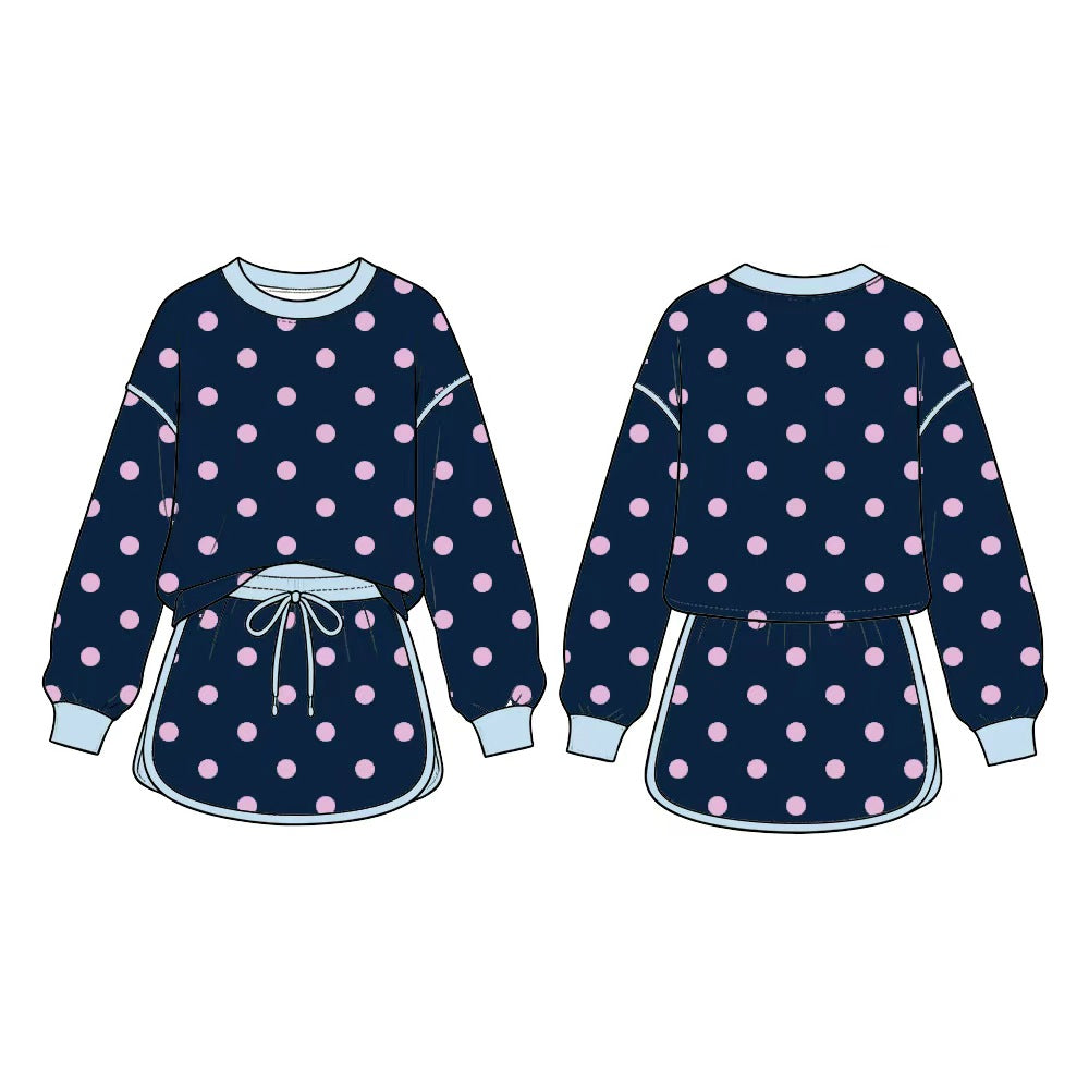 preorder GLD1762 Pink Dot Navy Blue Long Sleeve Shorts Girls Set