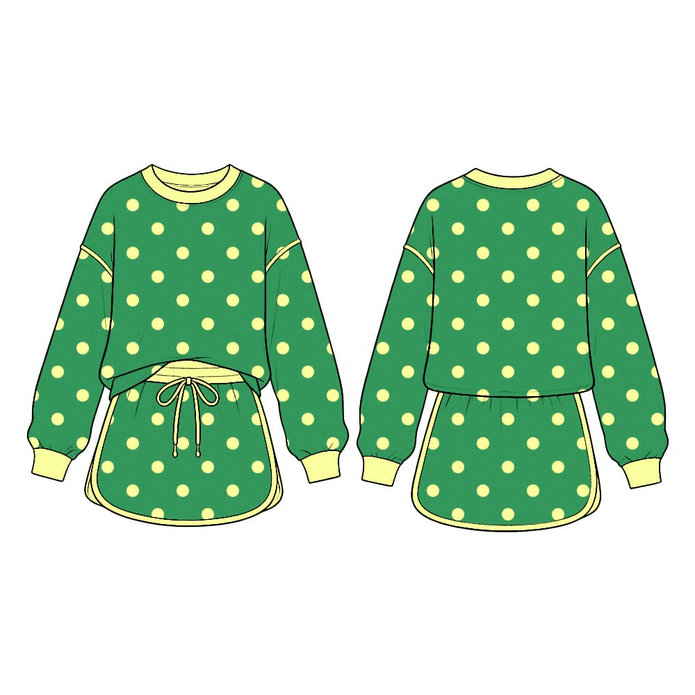 preorder GLD1764 Yellow Dot Green Long Sleeve Shorts Girls Set