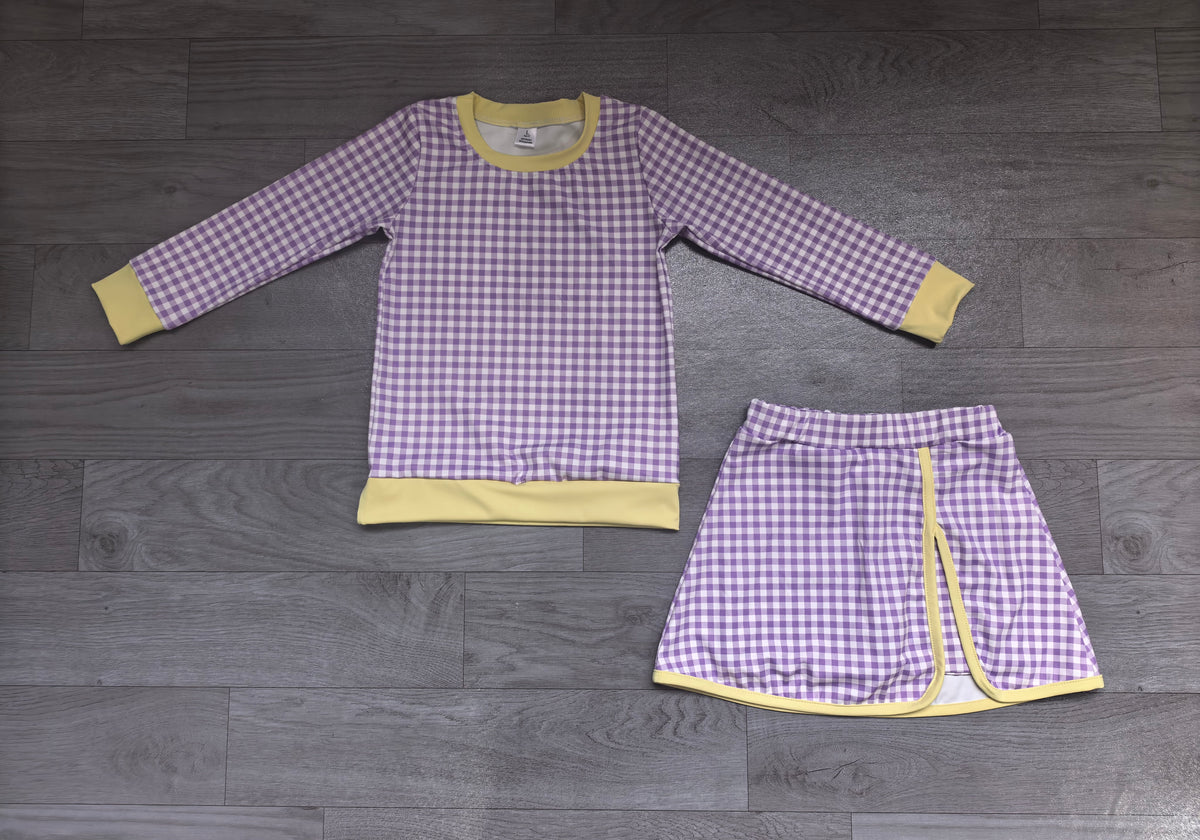 preorder Samples GLD1799 Yoga Navy Blue Checkered Long Sleeve Skorts Girls Set