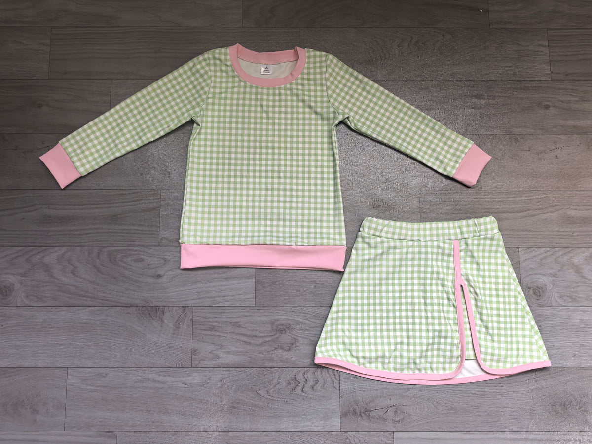 preorder Sampels GLD1800 Yoga Green Checkered Long Sleeve Skorts Girls Set