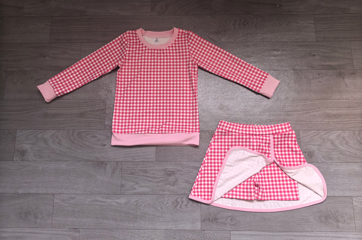 preorder Samples GLD1801 Yoga Hot Pink Checkered Long Sleeve Skorts Girls Set