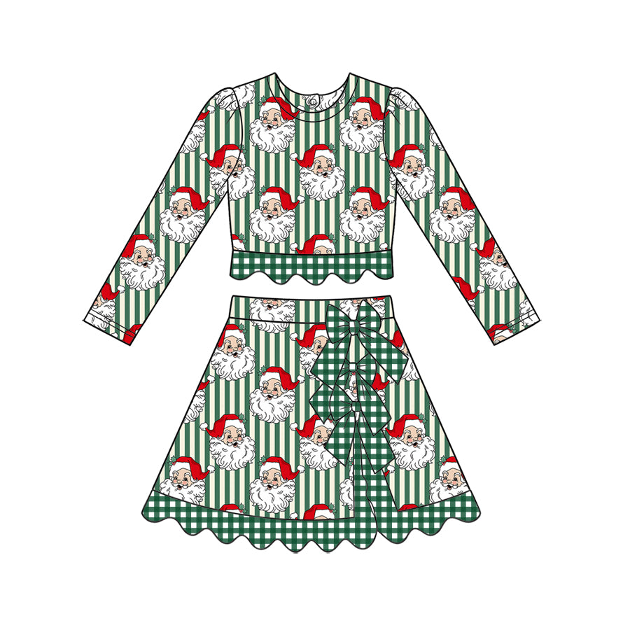 preorder GLD1828 Yoga Scallop Christmas Santa Green Long Sleeve Skorts Girls Set