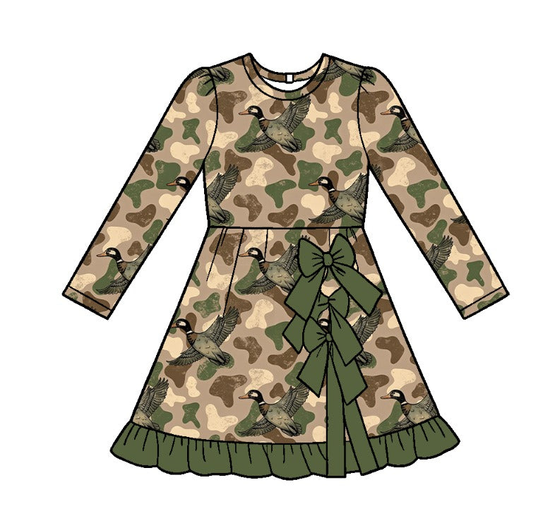 preorder GLD1837 Yoga Mallard Duck Camo Bows Long Sleeve Girls Dress