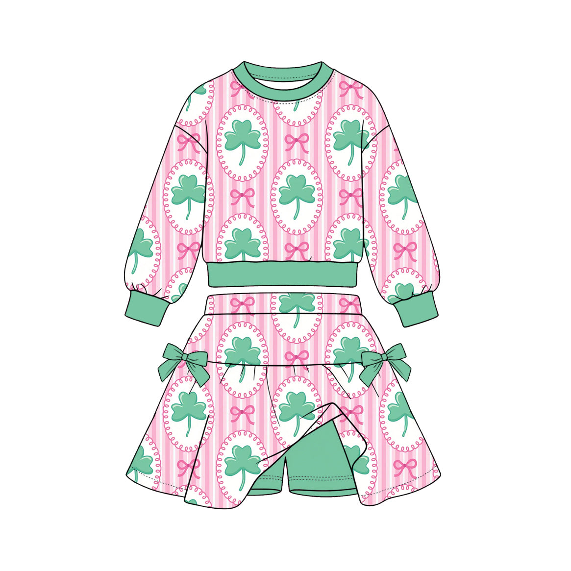 preorder GLD1847 St Patrick Clover Bows Long Sleeve Skorts Girls Set