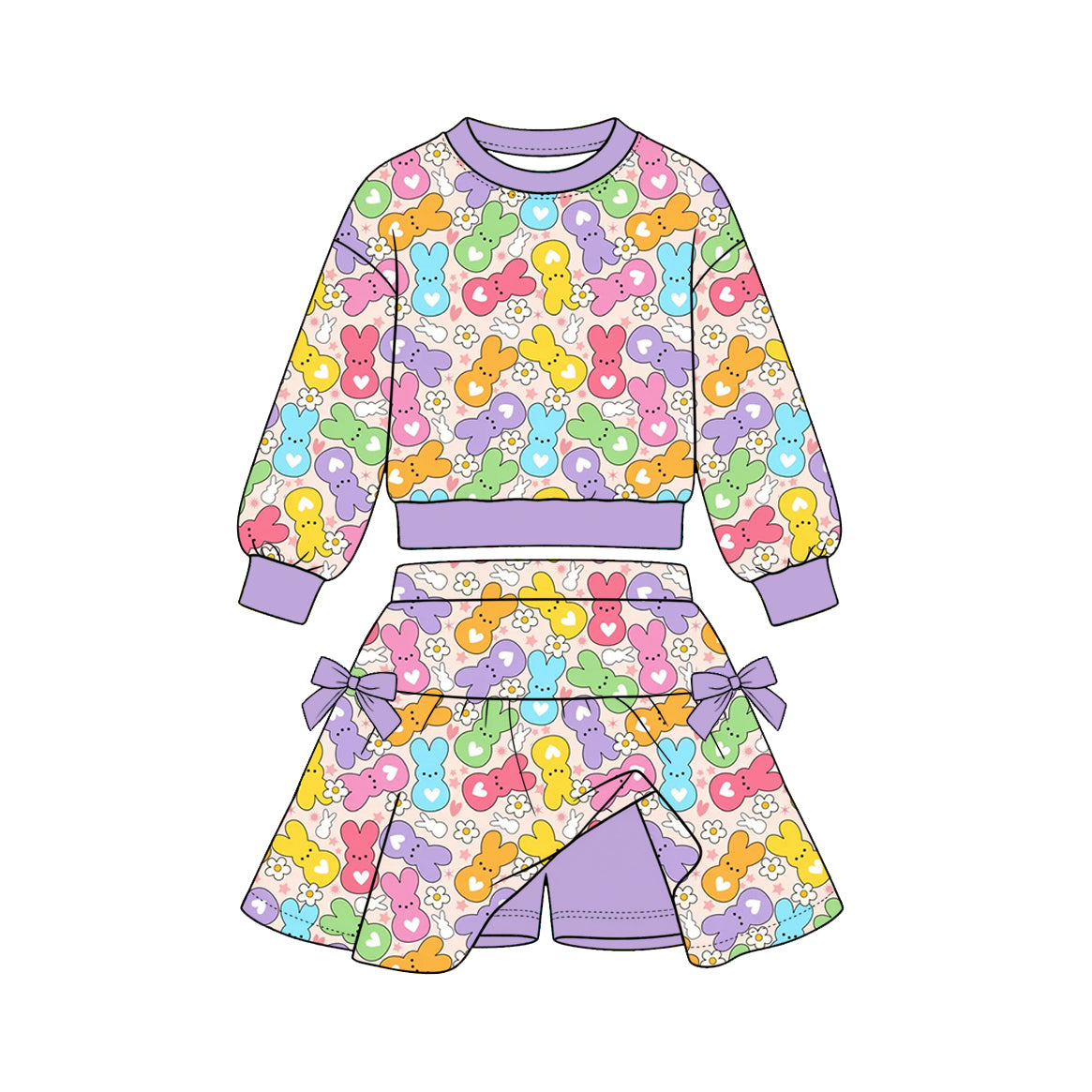preorder GLD1849 Easter Peep Flowers Long Sleeve Skorts Girls Set