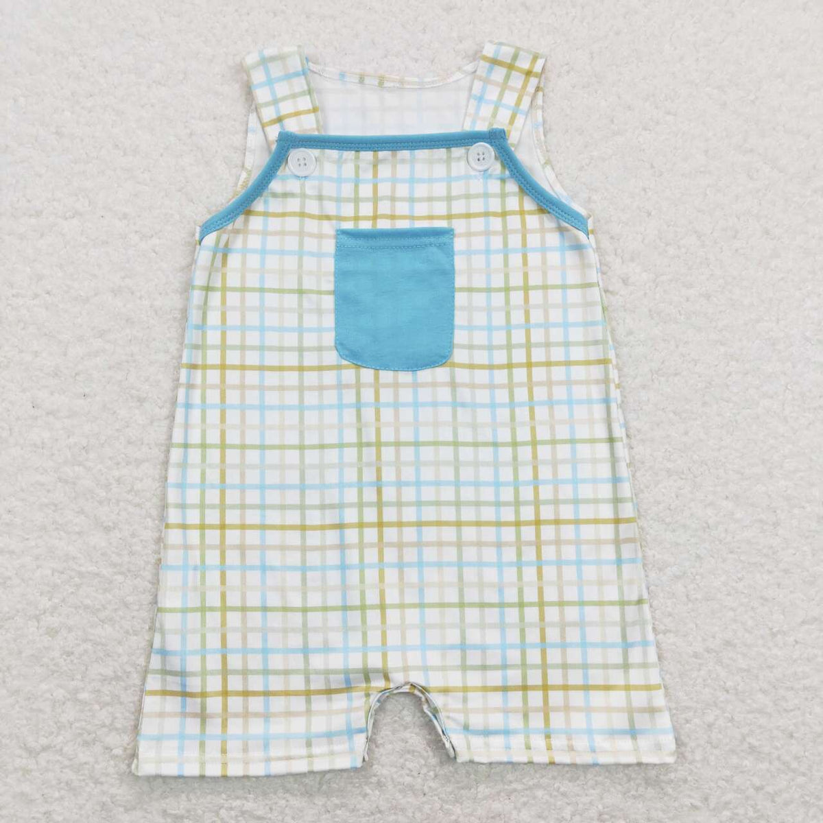 SR0650 Green checkered blue pocket sleeveless boys romper