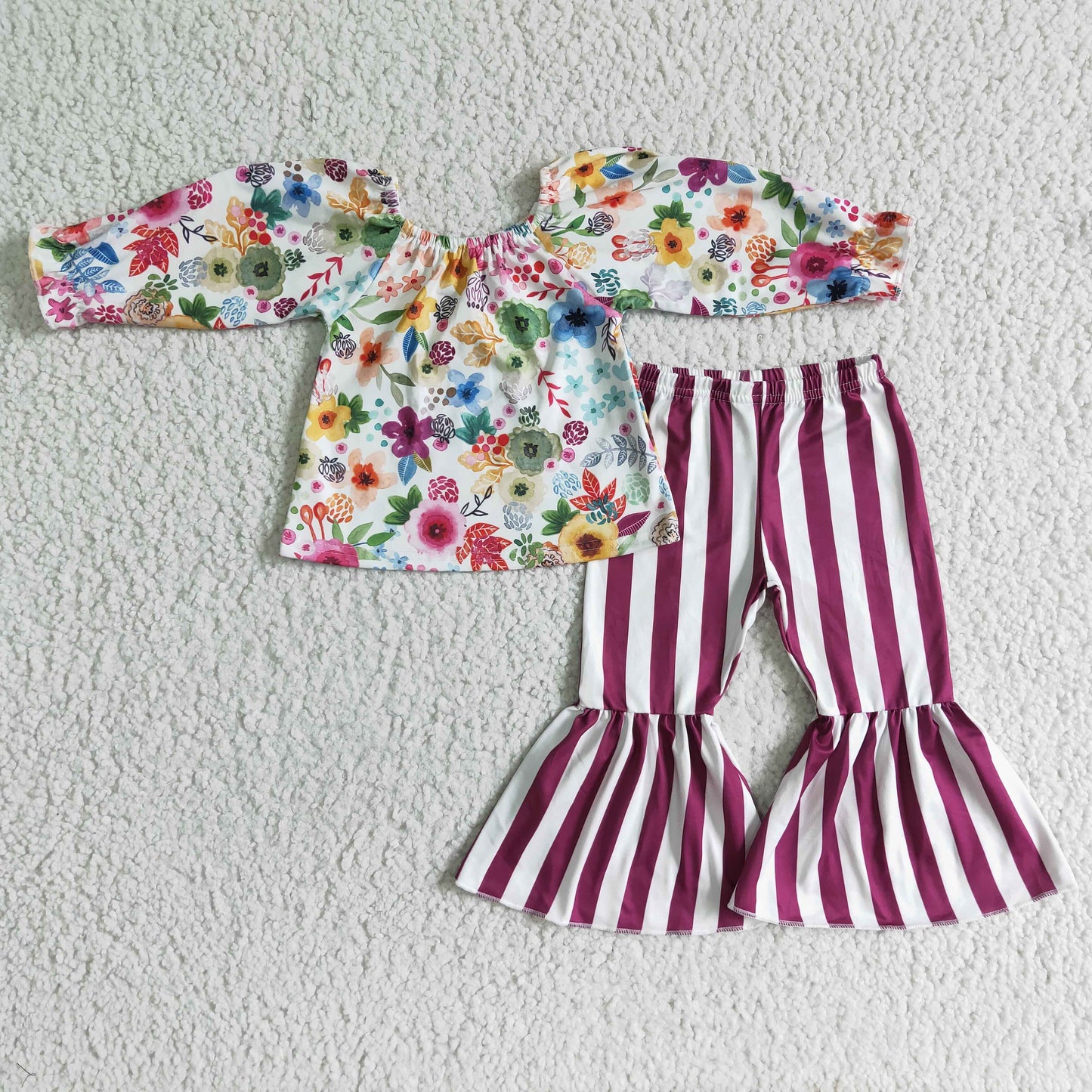 GLP0013 Striped Print Off Shoulder Flower Girls Set