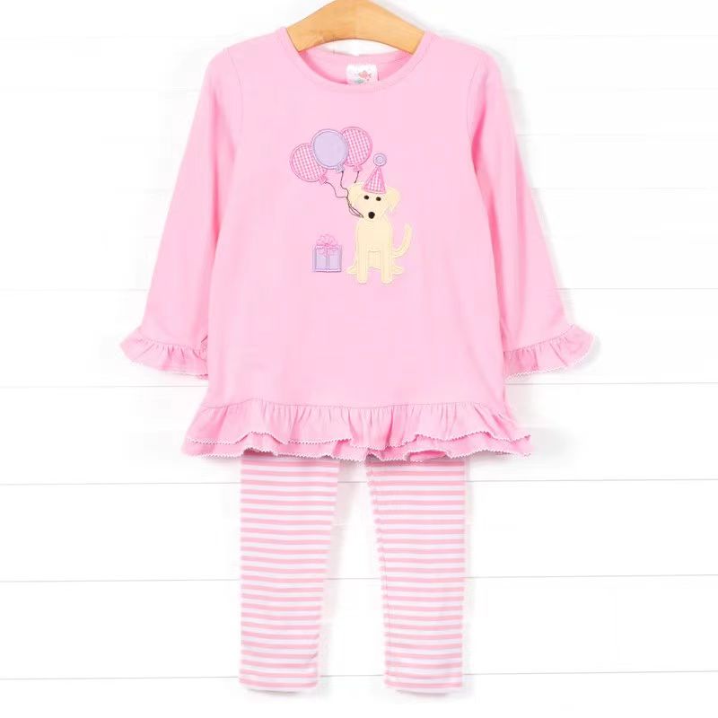 preorder GLP0528 Birthday Dog Pink Long Sleeves Stripe Pants Girls Pajamas