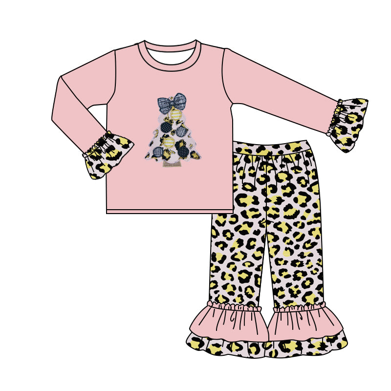 pre order GLP0564 Christmas Tree Pink Long Sleeves Yellow Leopard Pants Girls Clothes