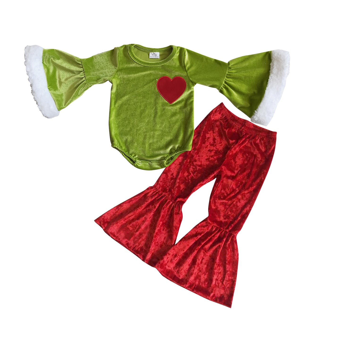 GLP0764 Green heart leotard long sleeve romper red velvet pants girls set