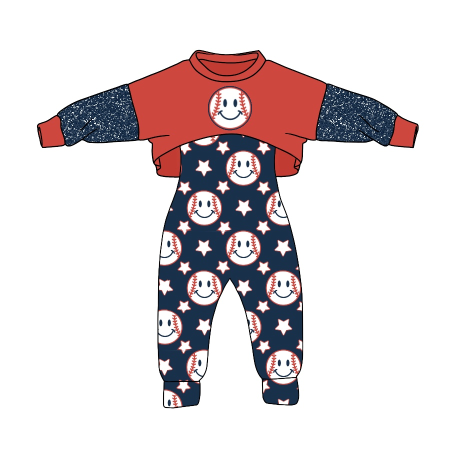 preorder GLP0860 Baseball red long sleeve blue jumpsuit girls set