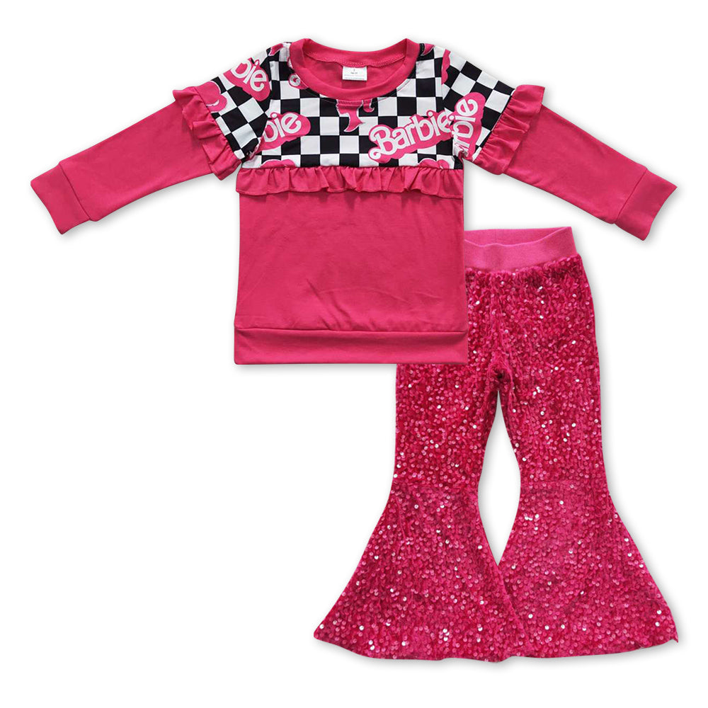 preorder GLP0923 BA black checkered long sleeve hot pink sequin pants girls set
