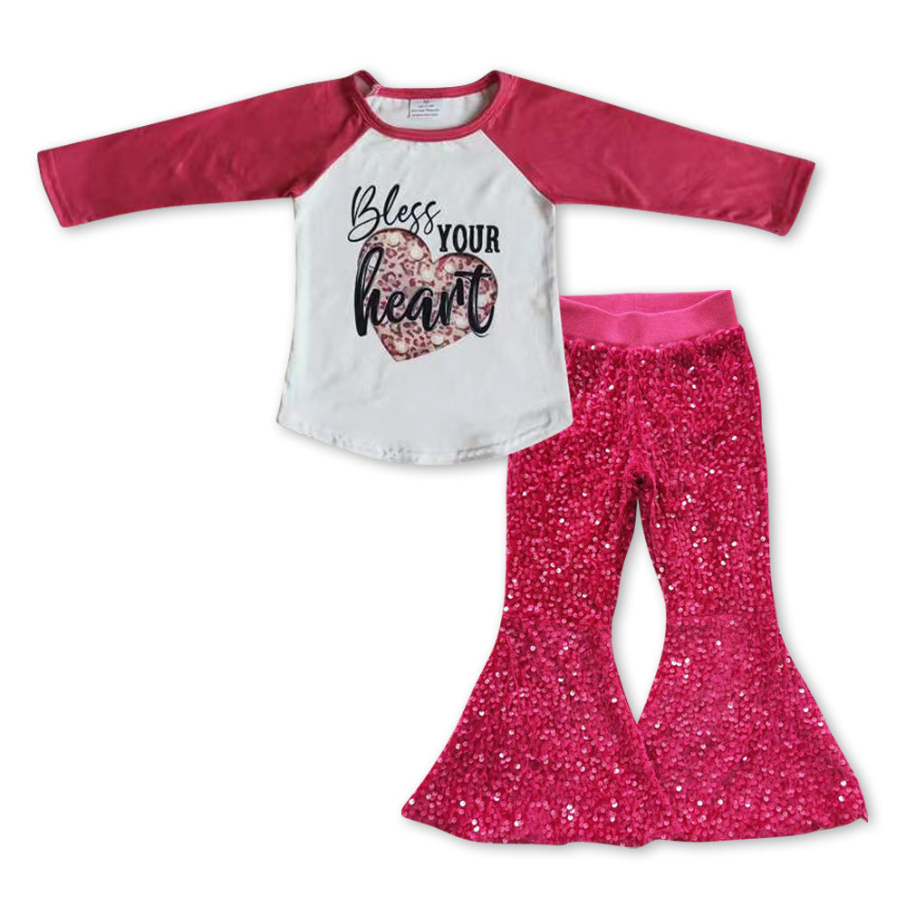 preorder GLP0924 Your heart long sleeve hot pink sequin pants girls set