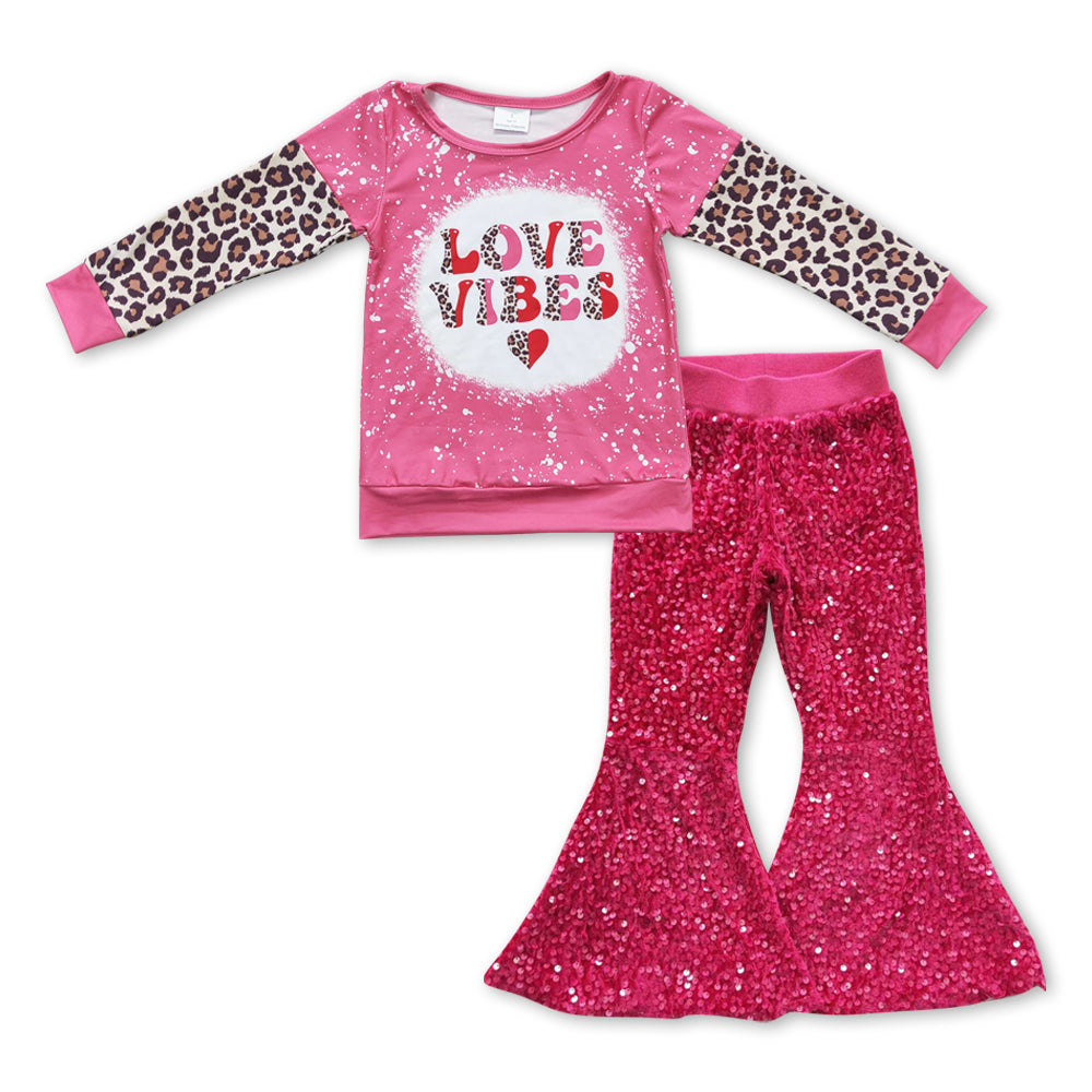preorder GLP0925 Love vibes pink leopard long sleeve hot pink sequin pants girls set