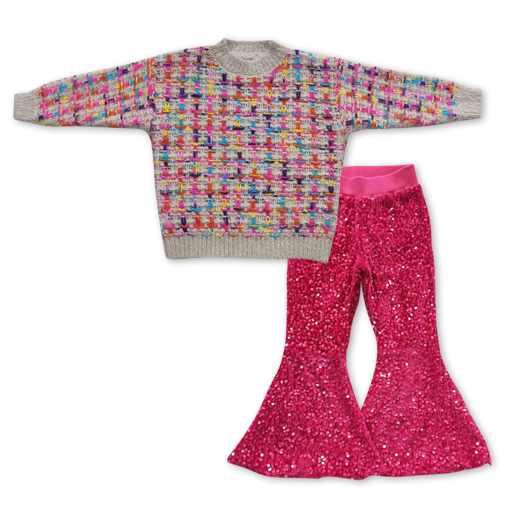 GLP0930 Colorful long sleeve sweater hot pink sequin pants girls set