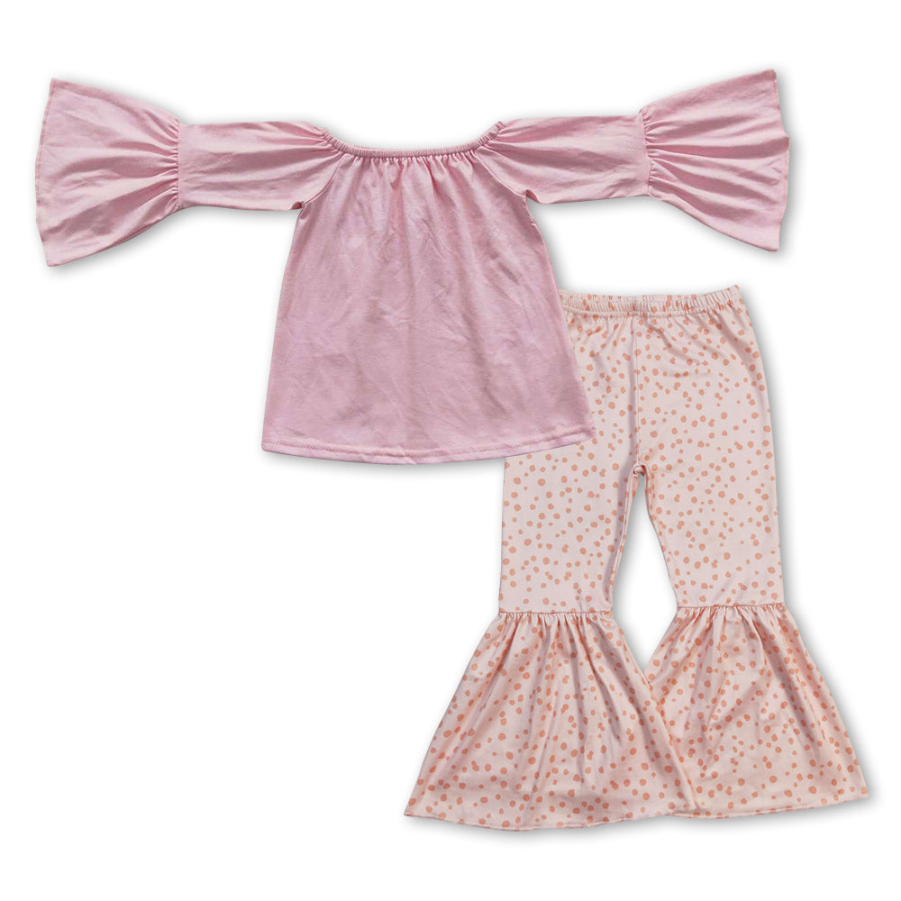 GLP0938 Pink velvet long sleeve orange dot pant girls set