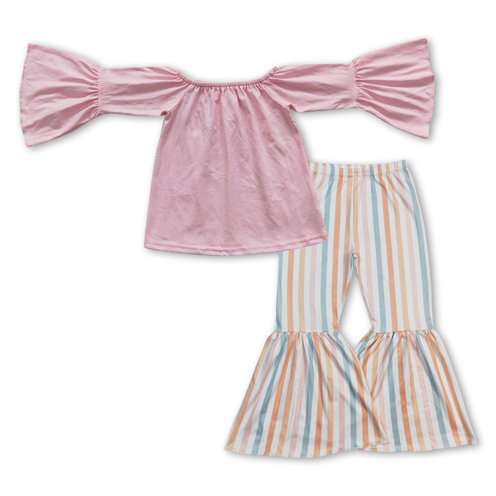 GLP0939 Pink velvet long sleeve colorful striped pant girls set