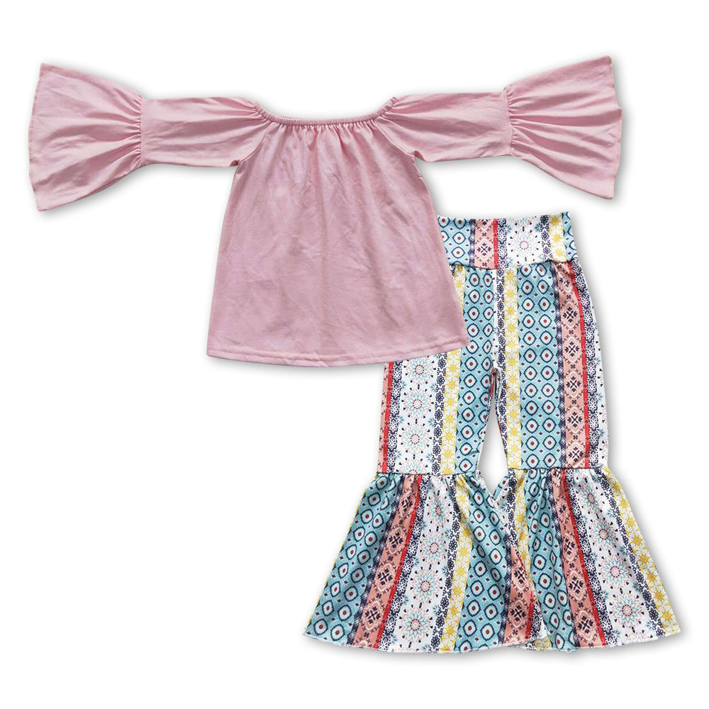 GLP0941 Pink velvet long sleeve colorful print pant girls set