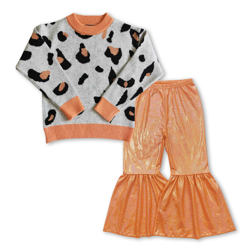 GLP0943 Grey leopard long sleeve sweater orange disco pants girls set
