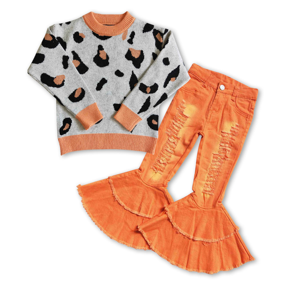 GLP0945 Leopard long sleeve sweater orange hole denim pants girls set