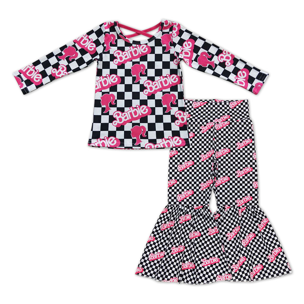 GLP0967 BA black checkered long sleeve pants girls set