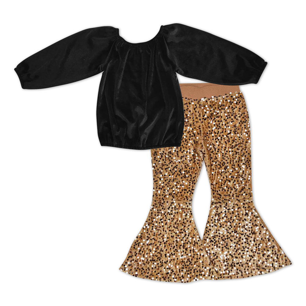 GLP0971 Black velvet long sleeve khaki sequin pants girls set