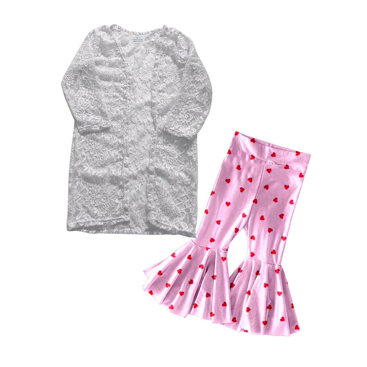 preorder GLP0978 White lace flowers long sleeve cardigan red heart pink pants girls set
