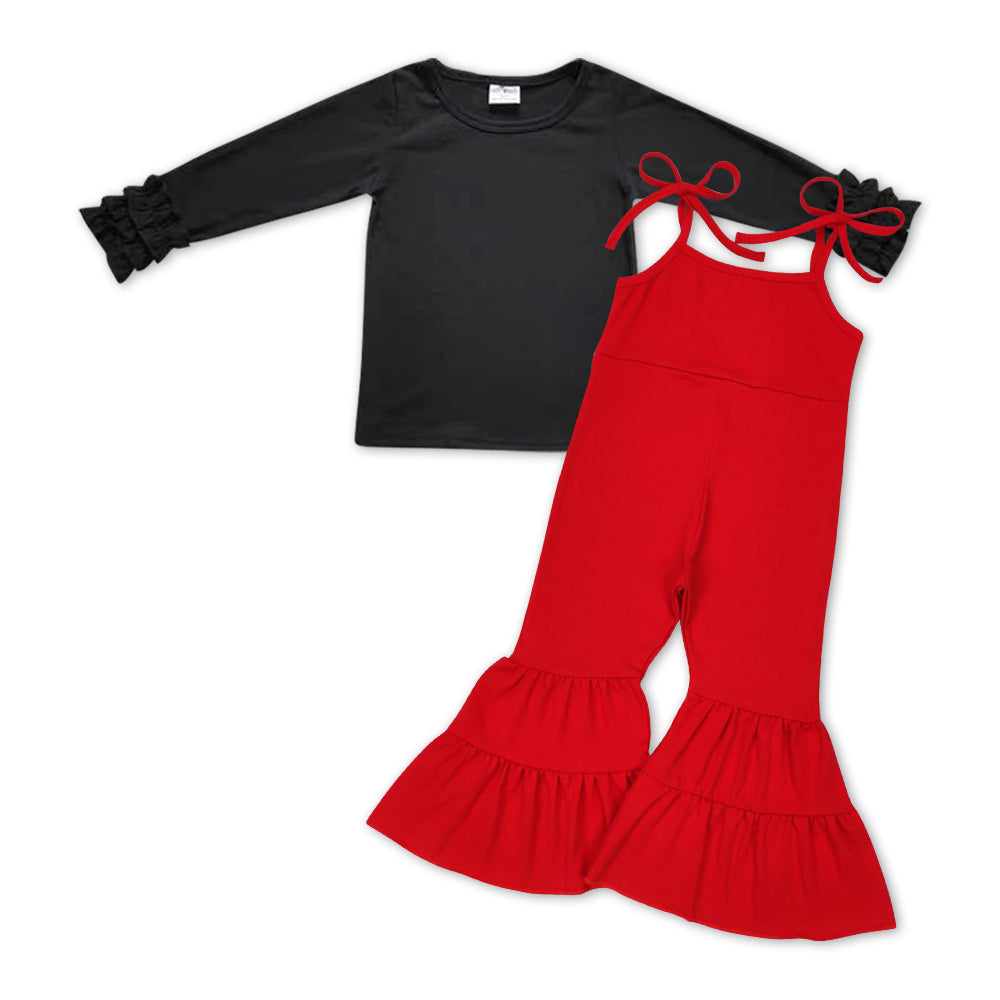 GLP0983 Black long sleeve red cotton jumpsuit girls set