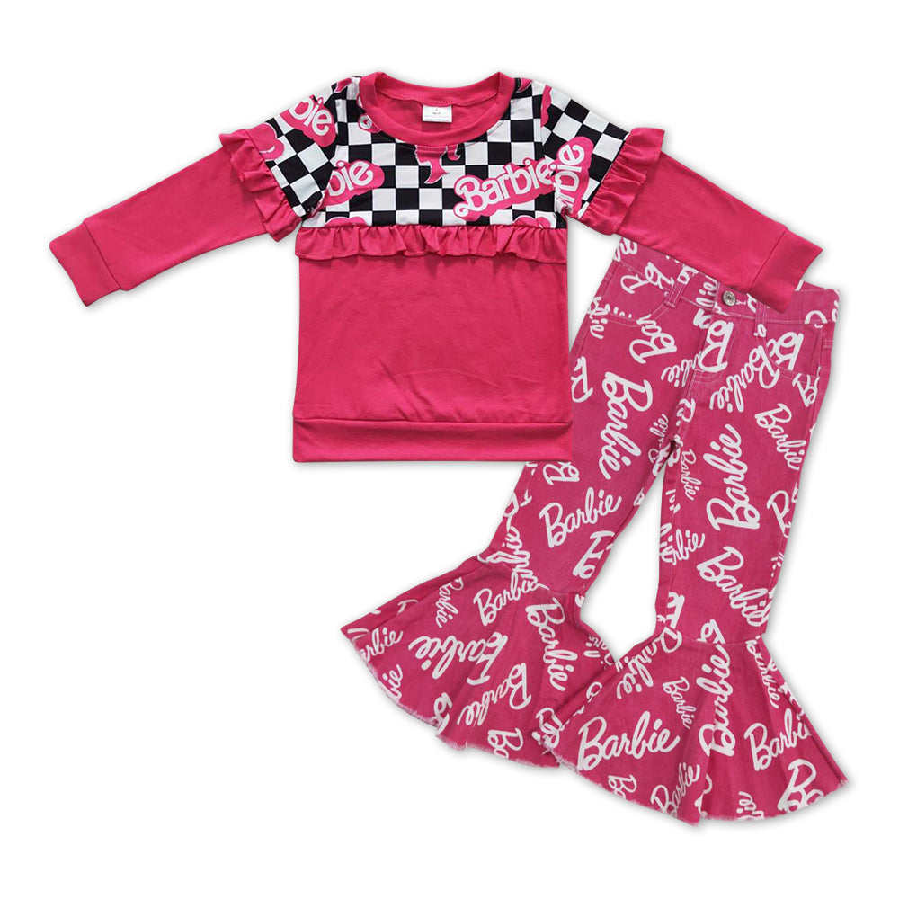 GLP1002 BA checkered hot pink long sleeve denim pants girls set